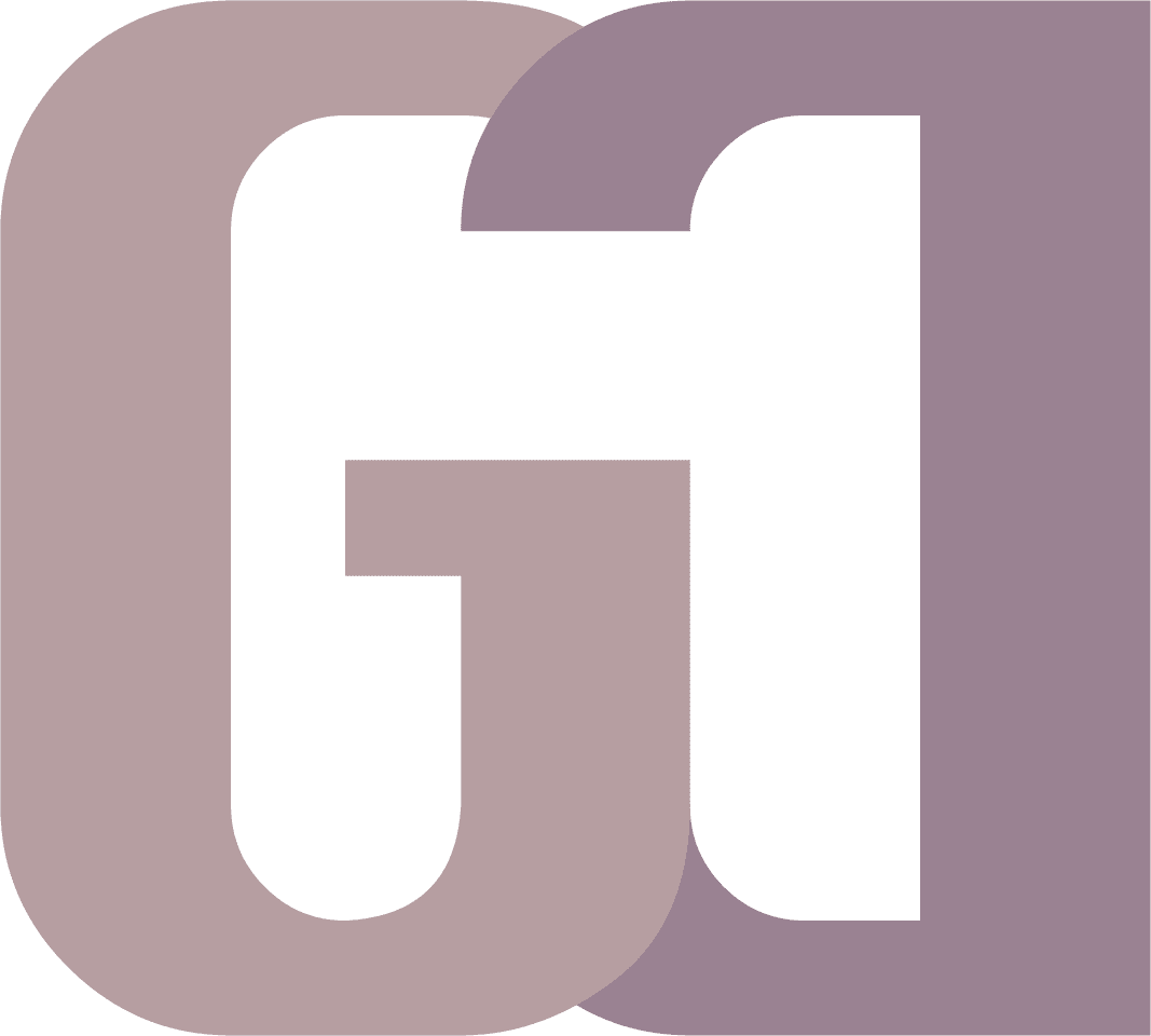 Garima Dev monogram logo in dusty rose on a light background.